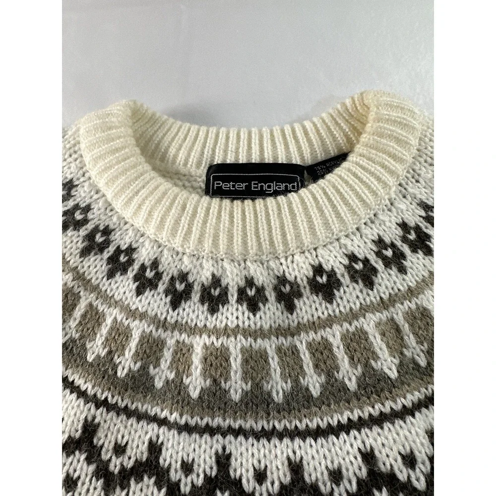 VTG Peter England Fair Isle Geometric Pattern Sweater Adult Large Ivory Ski Knit